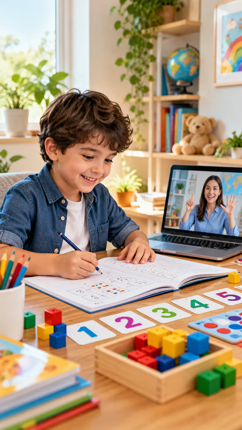 A child writing numbers while a teacher shows a counting activity
