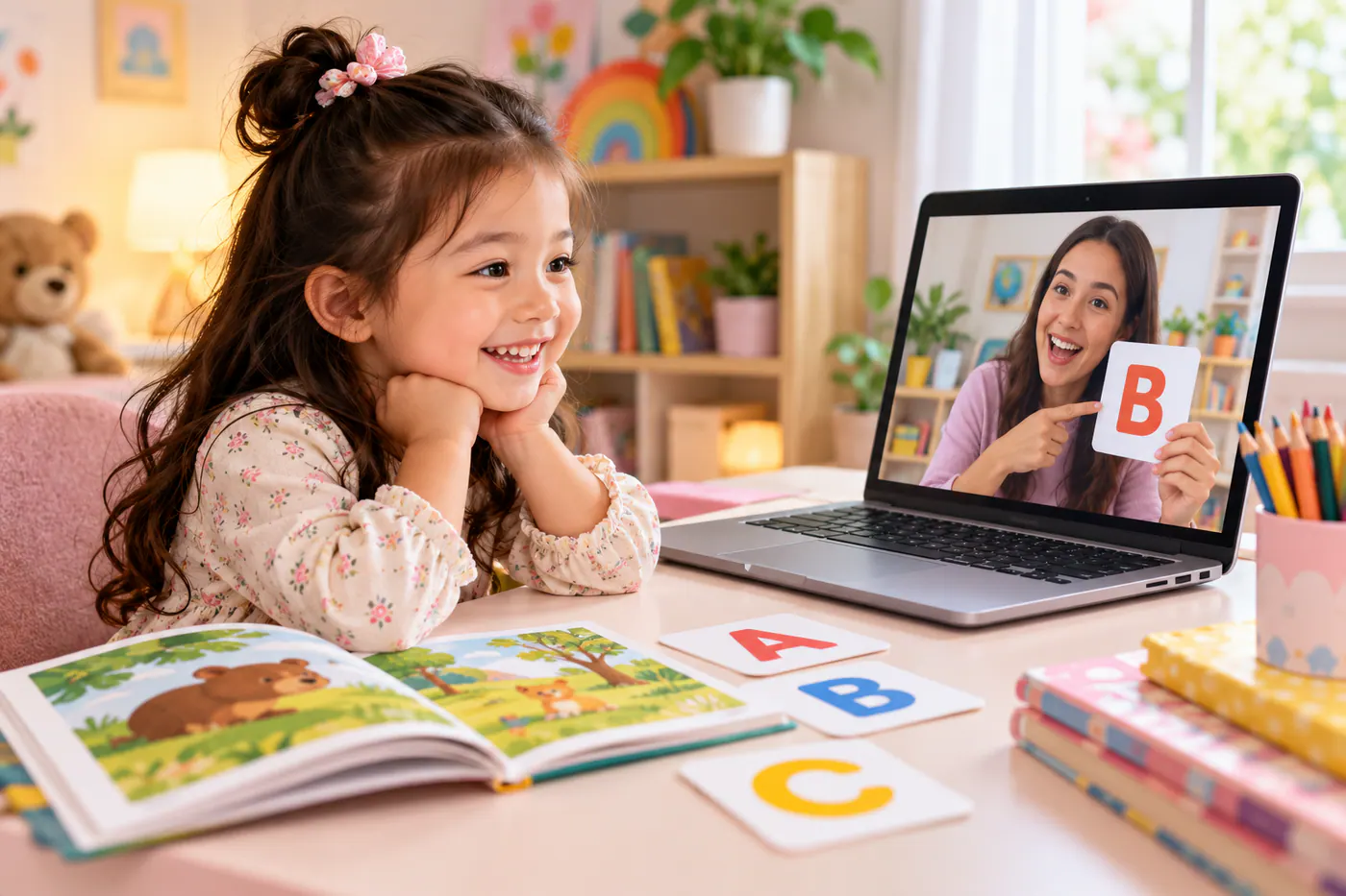 A child and teacher looking at a letter B card