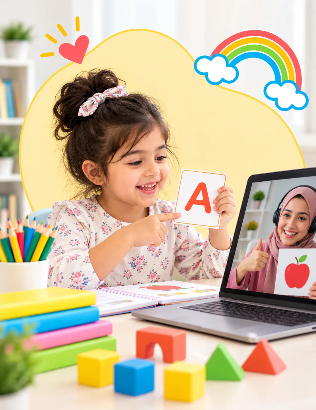 A child holding a letter A card during a live lesson
